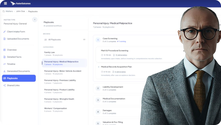 Legal professional reviewing a matter alongside a case management dashboard