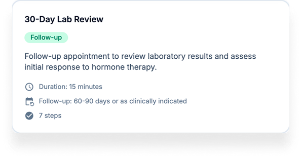 Colette protocol card for a 30-day lab review, showing the follow-up type, a 15 minute duration, a 60 to 90 day follow-up window and a seven-step protocol