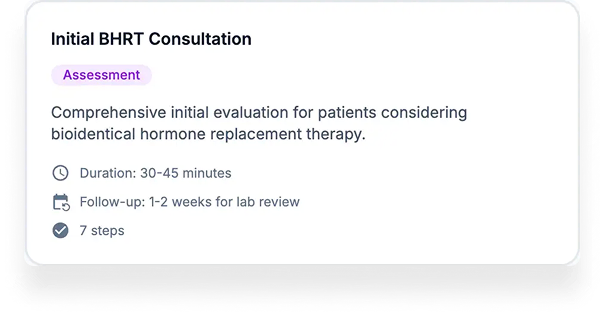 Colette protocol card for an initial BHRT consultation, showing the assessment type, a 30 to 45 minute duration, a lab-review follow-up window and a seven-step protocol