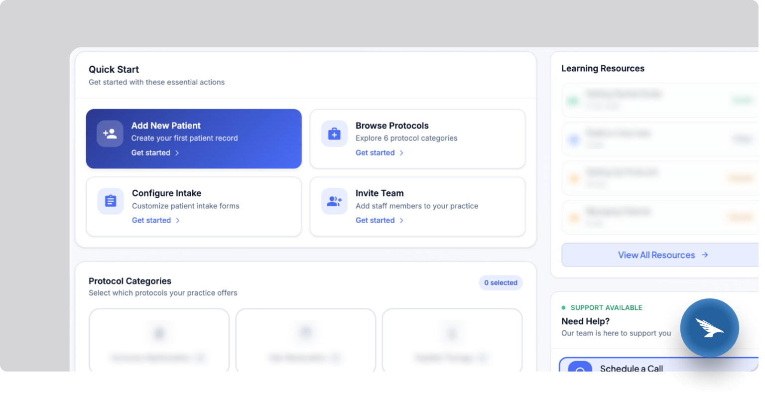 FasterOutcomes clinical intelligence workspace showing patient, protocol, intake, and team setup actions