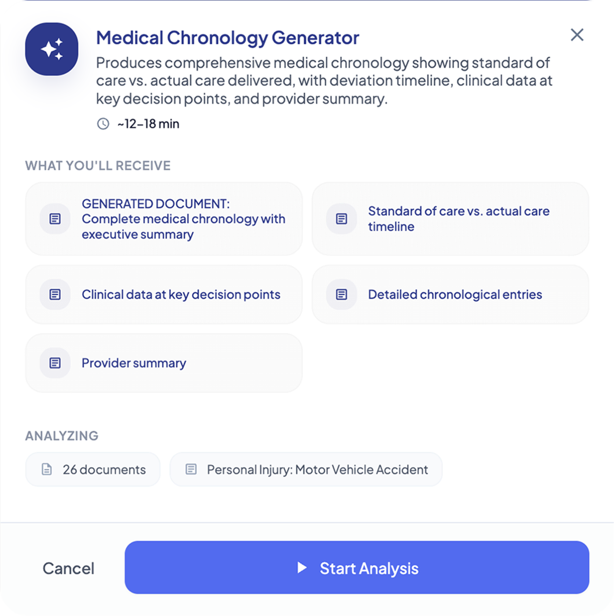 Medical malpractice case chronology showing record entries tied to source documents