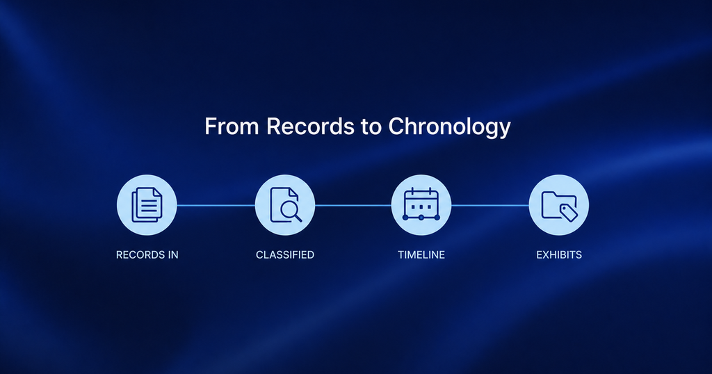 Diagram of a medical chronology pipeline: records in, pages classified, treatment timeline built, exhibits produced