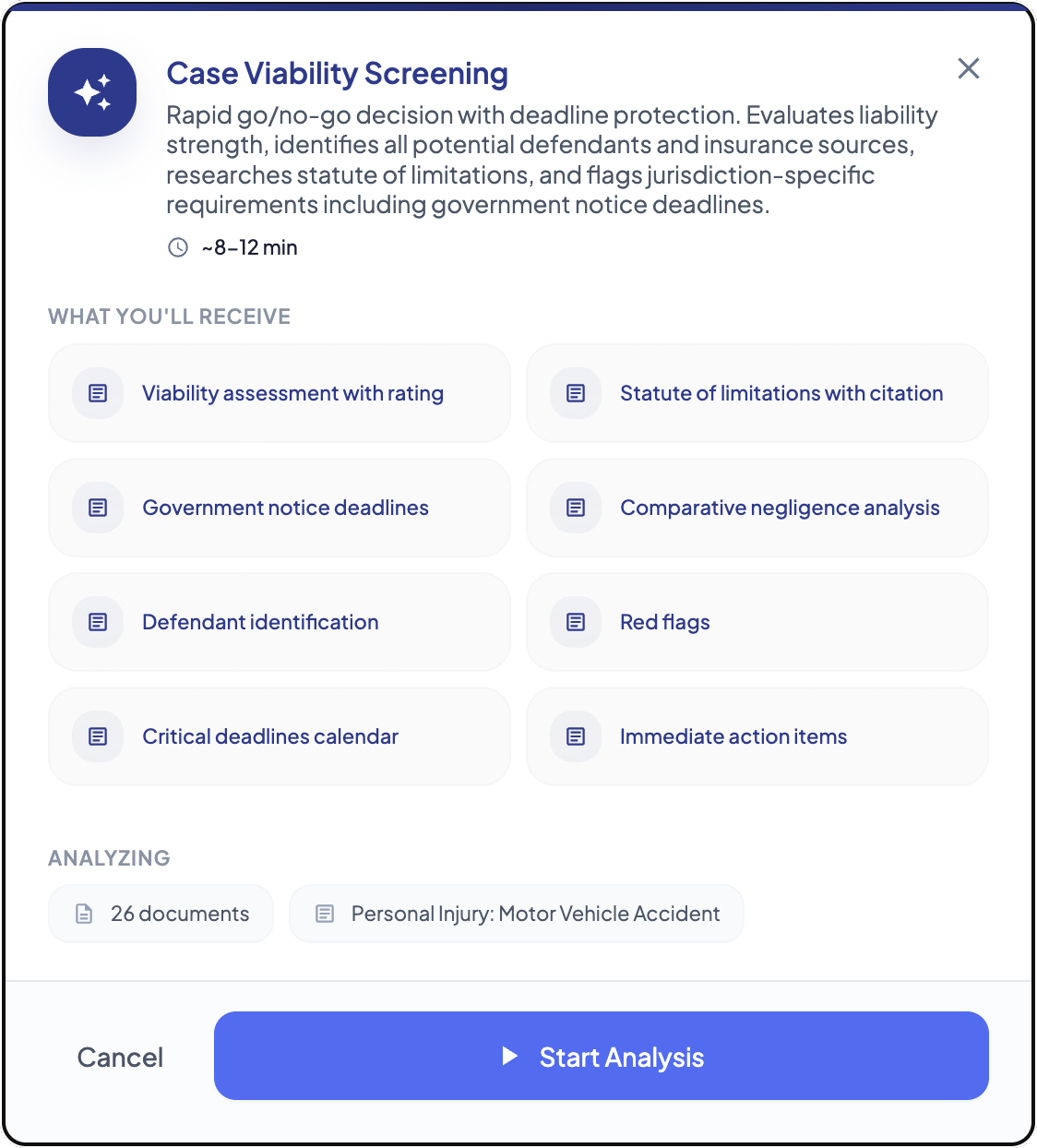 Case Viability Screening showing liability assessment, deadlines, defendants, red flags, and recommended actions.