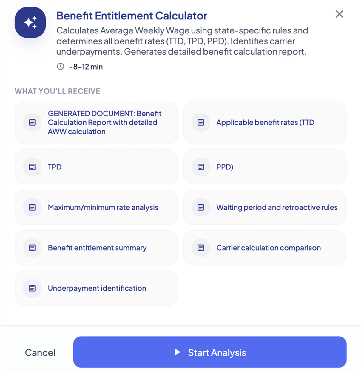 Benefit Entitlement Calculator determining average weekly wage, benefit rates, and carrier underpayments