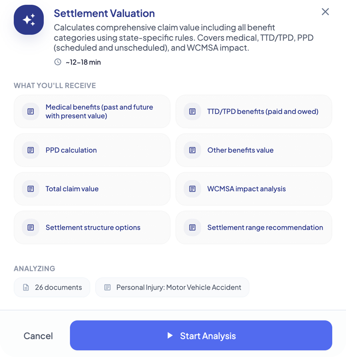Settlement Valuation calculating total claim value and settlement range using state-specific benefit rules