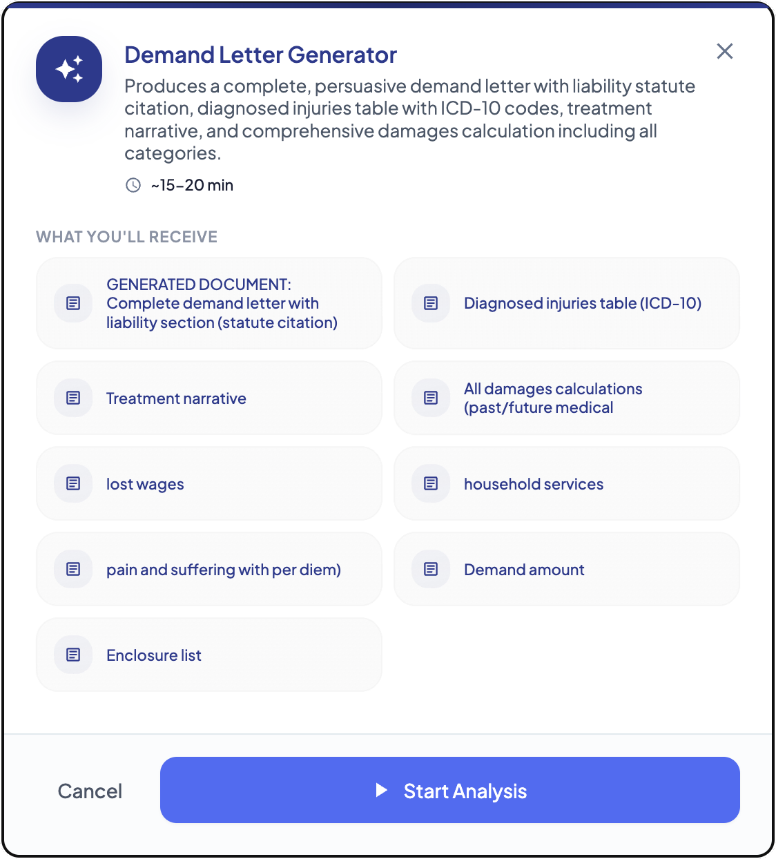 Demand Letter Generator showing the key components and damages included in a generated demand letter.