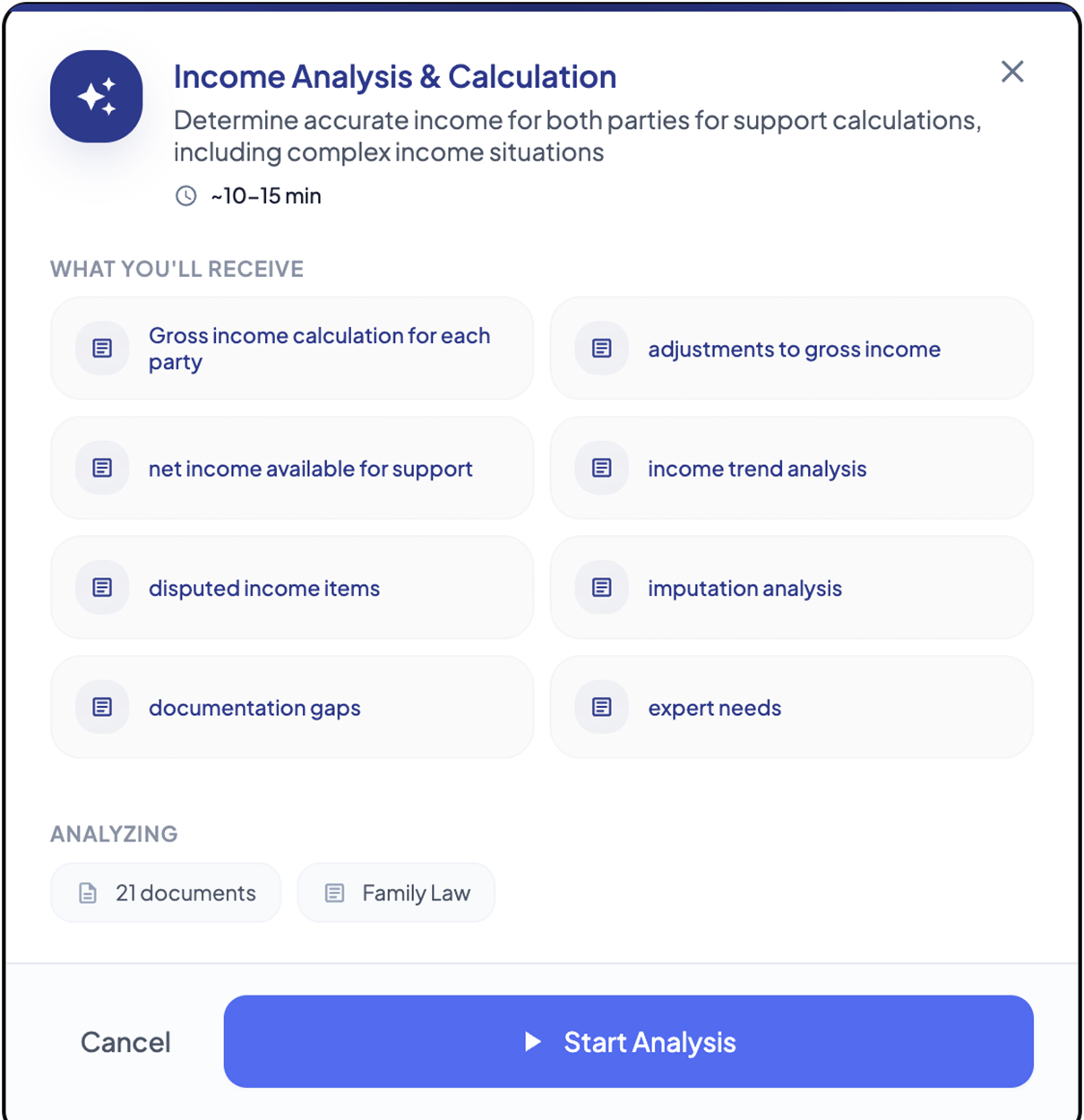 Income Analysis and Calculation showing financial data used for family law support analysis