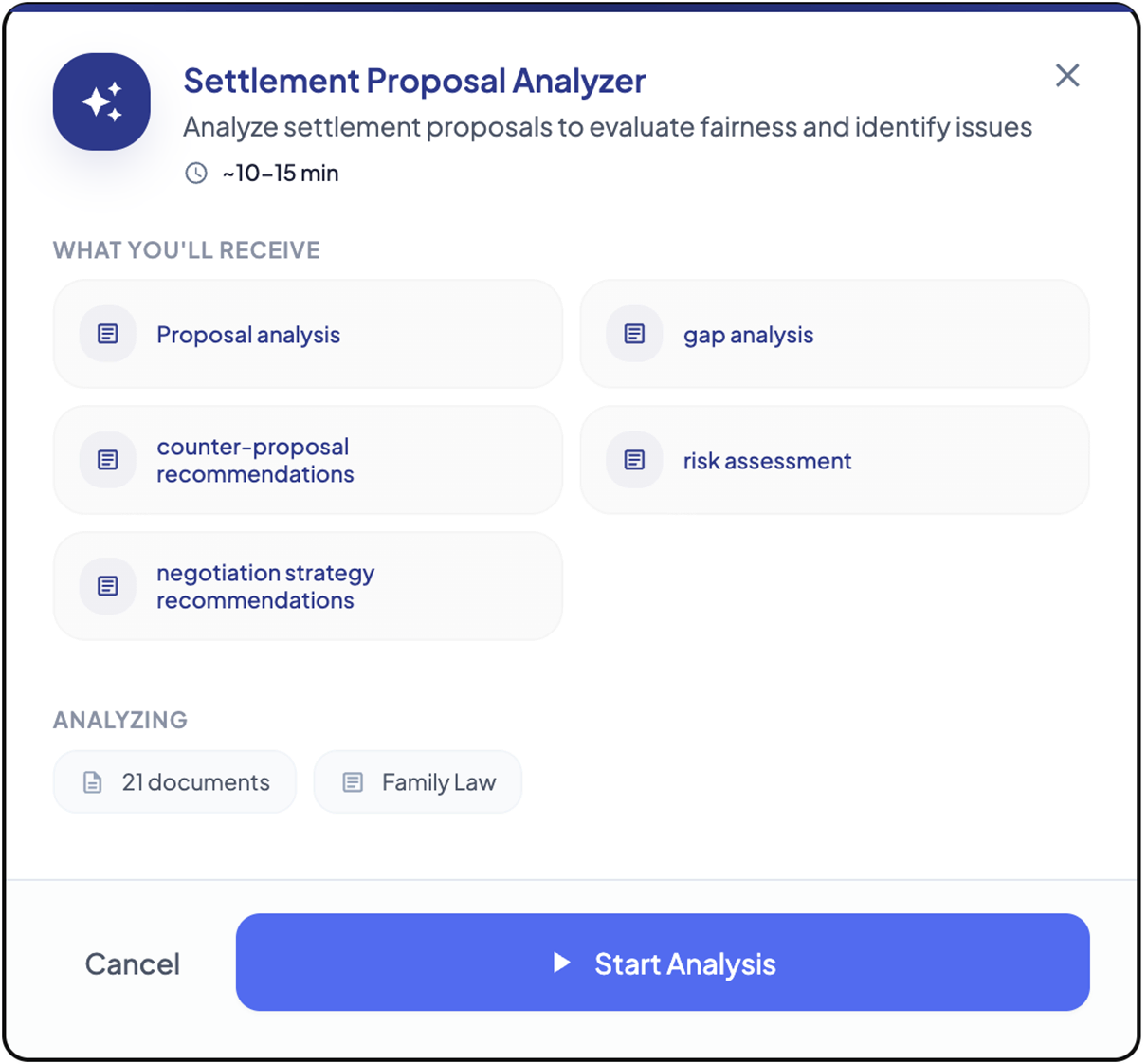 Settlement Proposal Analyzer showing settlement options, risk analysis, and negotiation recommendations
