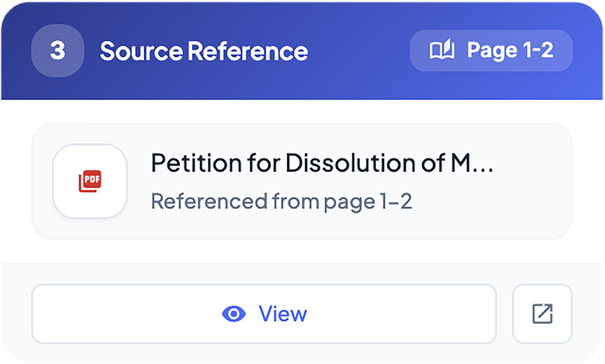 Source Reference panel showing a family law document linked to its cited source pages