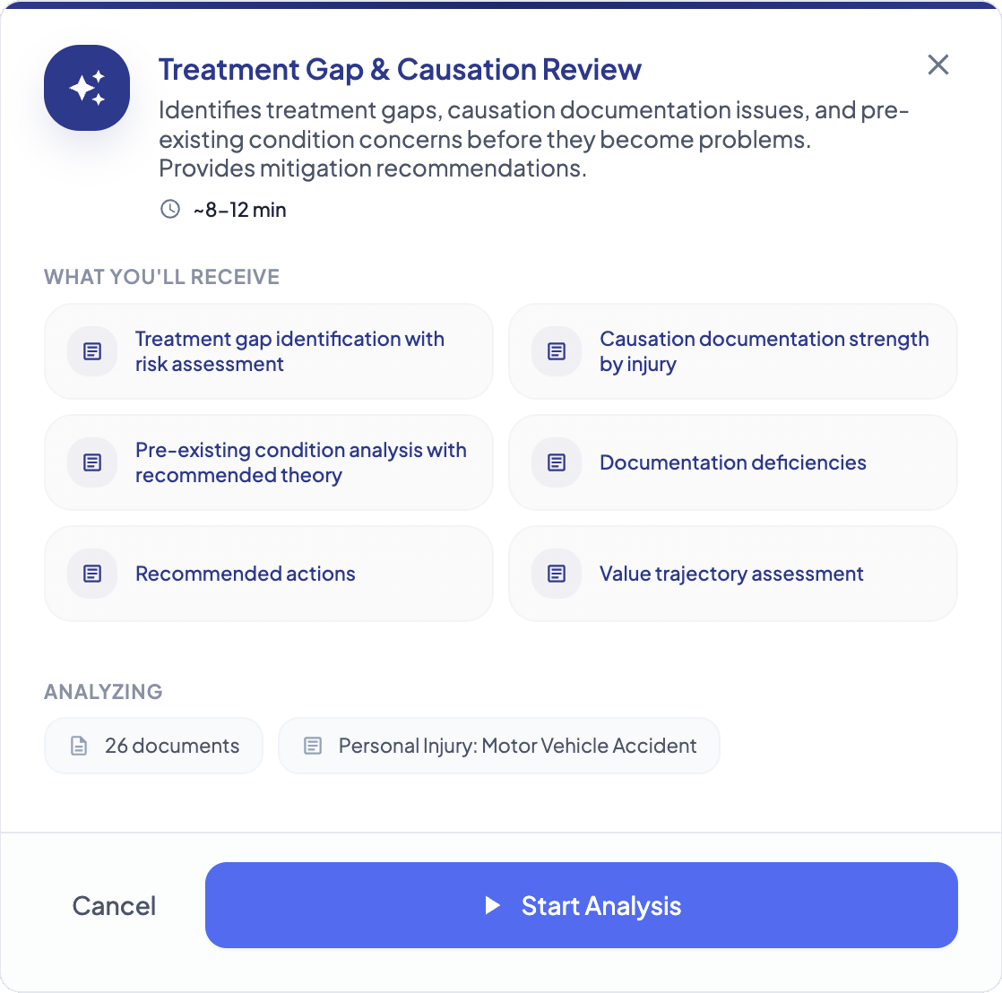 Treatment Gap & Causation Review showing key findings and recommended actions for a personal injury case.
