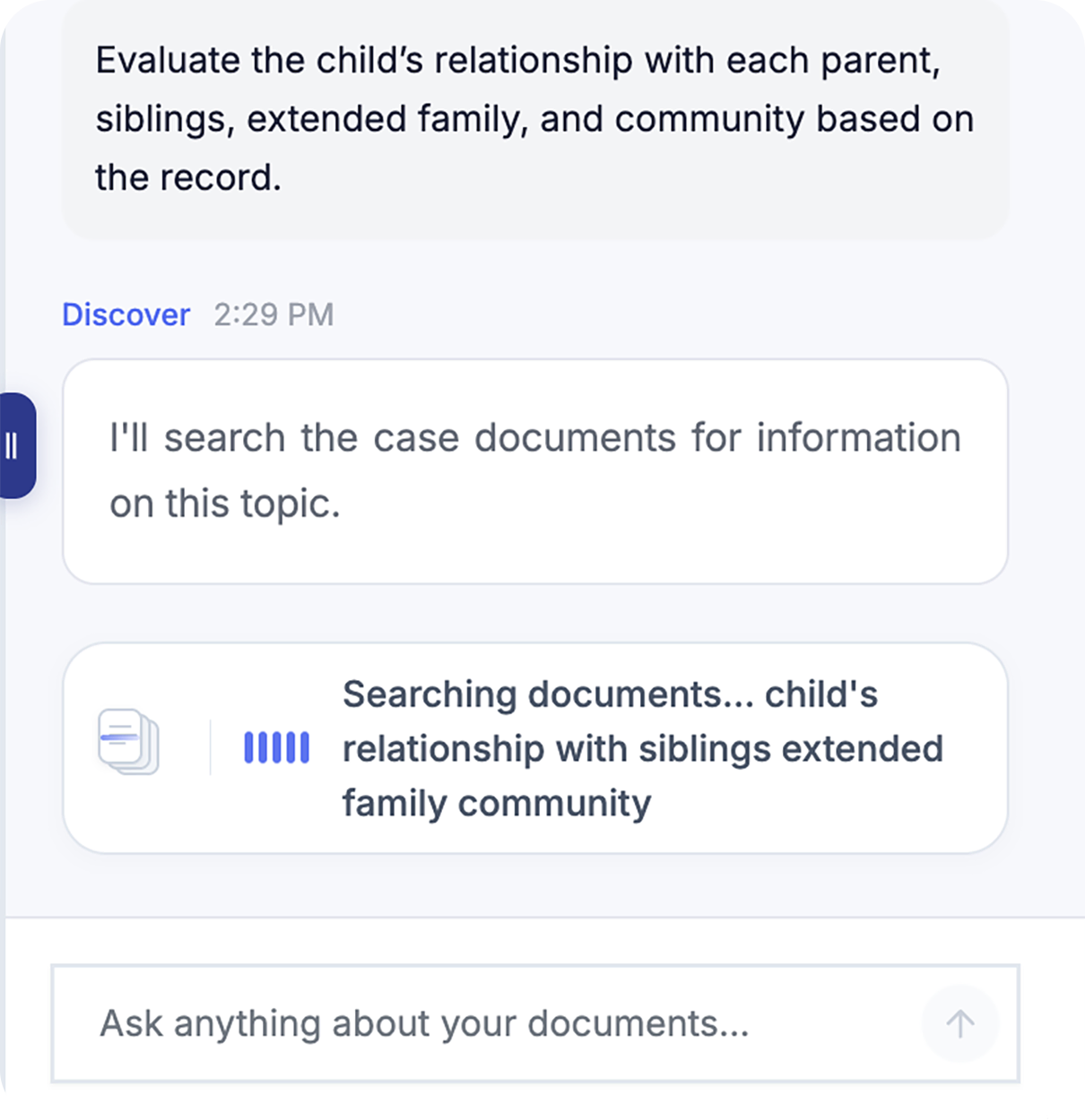 Saxon Discover searching case documents for a child's relationships with parents, siblings, extended family, and community