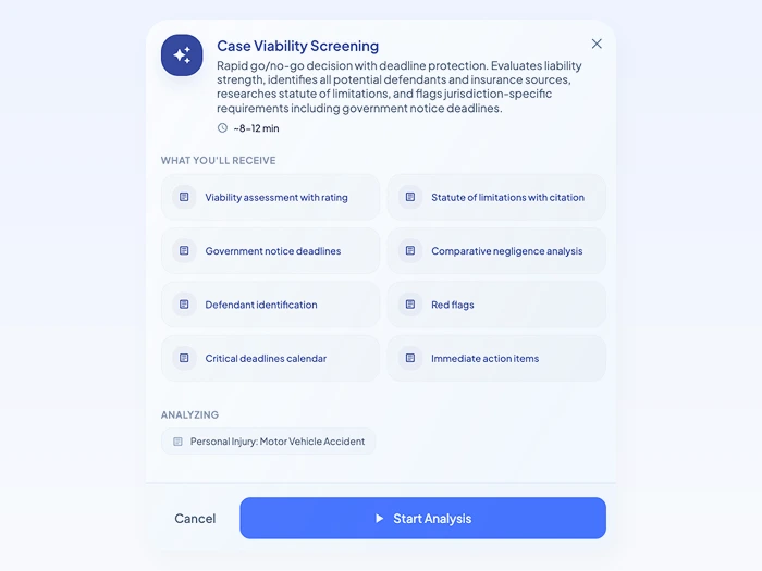 Case Viability Screening playbook listing what it delivers: viability rating, statute of limitations with citation, government notice deadlines, comparative negligence, defendants, red flags, deadlines calendar, and action items